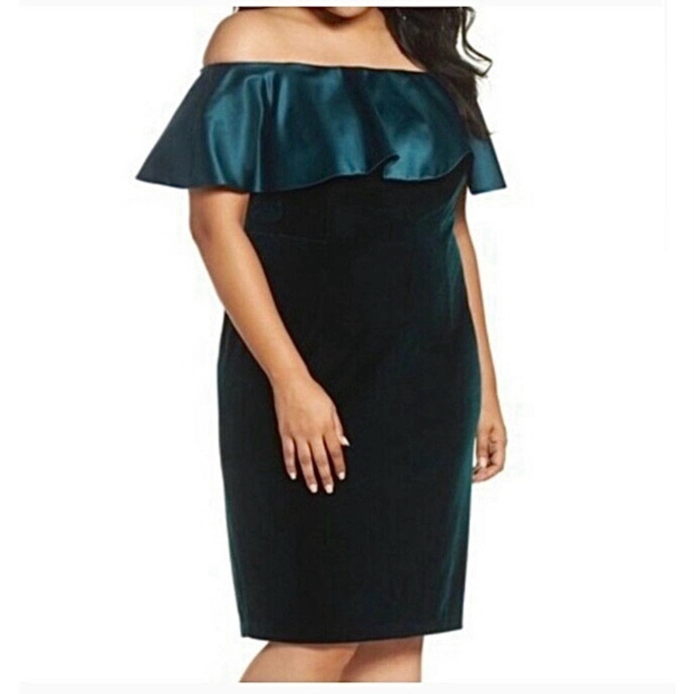 New Adrianna Papell Green Velvet Off Shoulder Dress Size 16 W Strapless